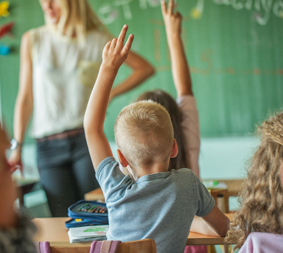 kid raises his hand inside top-rated school classroom